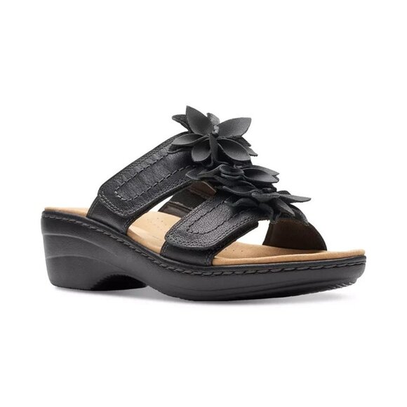 Clarks Merliah Raelyn Flower Wedge Sandals 8 Black Leather MSRP $100 - Picture 1 of 4